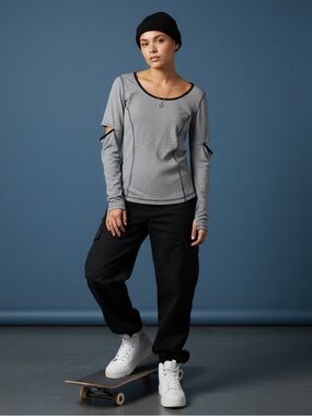 DC Women's Striped Performance Long Sleeve Top Cashew Heathered Black S